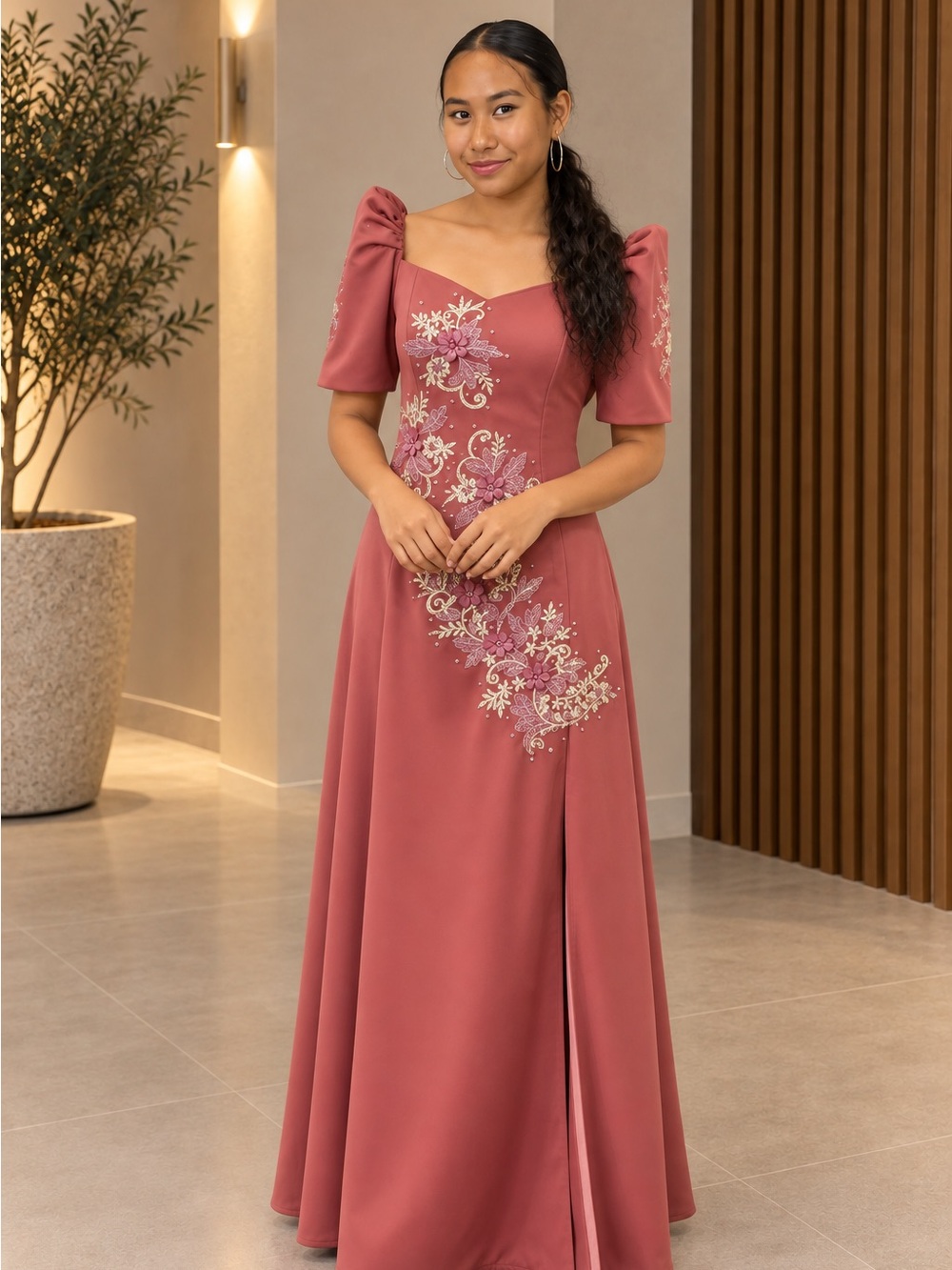 Embellished Dusty Rose Maxi Dress with Puff Sleeves